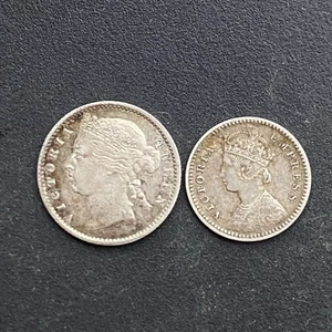 Victoria Kolonial Silbermünzen, Indien 2 Anna’s 1892 & 10 Cents Straits 1871 G5 - Bild 1 von 4
