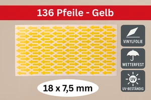136x Pfeil Aufkleber Gelb Vinyl 18x7,5mm Markierung Sticker Lager DIY wetterfest - Bild 1 von 2