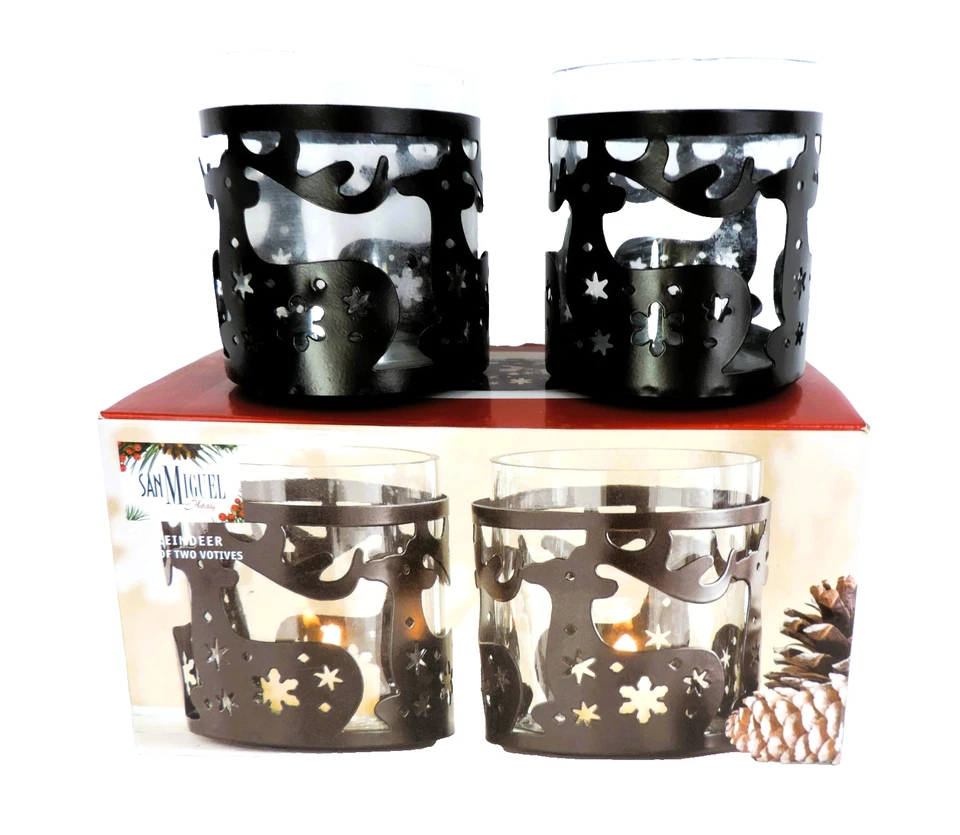 SAN MIGUEL Set of Two Reindeer Votives Rustic Metal with Glass Insert VINTAGE - Image 1 of 4