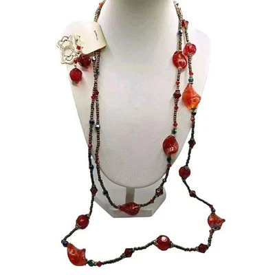 Necklace Set Red Orange Acrylic Beads Matching Earrings Bold Fashion Jewelry - Image 1 of 4