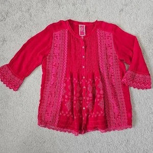 Johnny Was | Janie Favorite Botón Frontal Ojales Plisado Top Rosa Caliente Mujeres Pequeño - Imagen 1 de 8