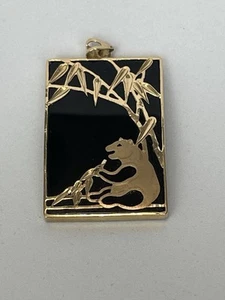 Onyx Panda Bamboo Pendant 14k Yellow Gold 1.5” Cabochon Solitaire - Picture 1 of 8