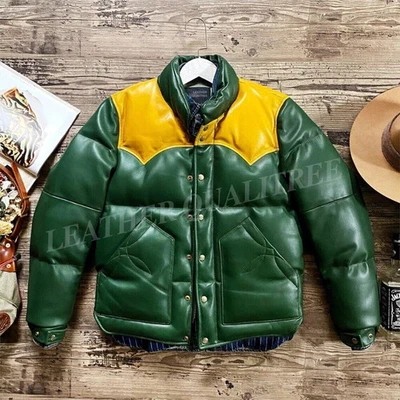 Men's Puffer Jacket Real Lambskin Leather Padded Jacket Green & Yellow Color Jac - Image 1 of 4