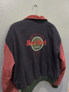 Giacca media vintage anni 90 Hard Rock Cafe Paris lana pelle scamosciata Varsity - Foto 1 di 5