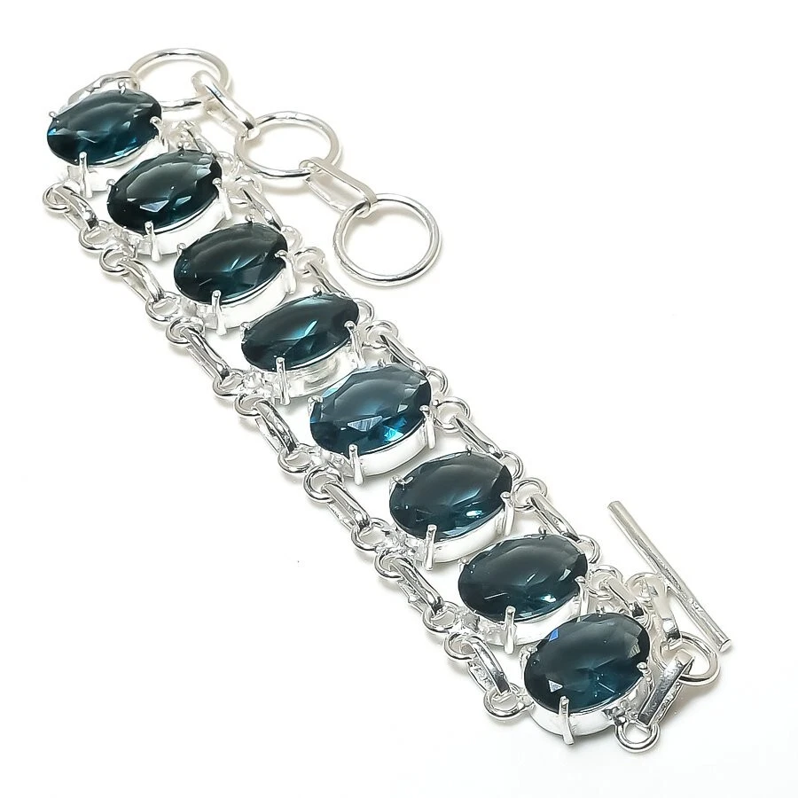 Brazalete de joyería de plata de ley 925 hecho a mano con piedras preciosas de topacio azul de Londres talla 7-8" Foto 1 de 1