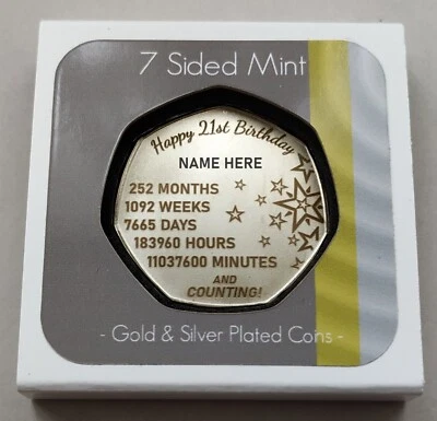 7 SIDED MINT Happy 21st Birthday Gift ( Your PERSONALISED NAME On Coin ) Metal Present, Boxed
