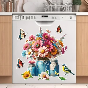 Flower Dishwasher Magnet Cover, Flower Vase Fridge Magnets Bird Refrigerator - Picture 1 of 12