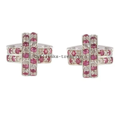 Natural Ruby & CZ Gemstones with 925 Sterling Silver  Cufflinks For Men's #9040 - Image 1 of 3