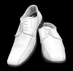 Men's White Tuxedo Dress Shoes Shiny Faux Patent Leather Lace Up Size 10 - Picture 1 of 2