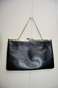 VTG 60s ETRA Black Leather Faux Snake Convertible Chain Handle Handbag to Clutch - Picture 1 of 6