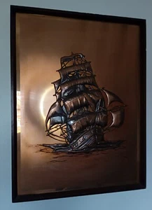 Vintage Arts & Crafts Hand Made Copper repousse Sailing Boat Picture Magowan - Picture 1 of 5