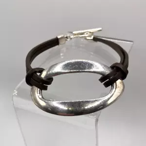 Mens leather strap bracelet silver tone metal 18cm unisex costume jewellery - Picture 1 of 8
