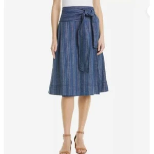 Tory Burch Damen Baumwolle Wickelrock 100 % Leinen kleine Streifen A-Linie Knie Neu mit Etikett - Bild 1 von 12