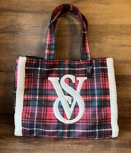 VICTORIA'S SECRET Plaid Holiday Christmas Weekender Tote Bag Flannel Sherpa Trim - Picture 1 of 9