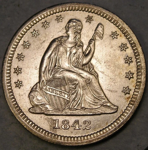 1842 O LIBERTY SEATED SILVER QUARTER BEAUTIFUL W/GORGEOUS DRAPERY HAIR FEATHERS Cover