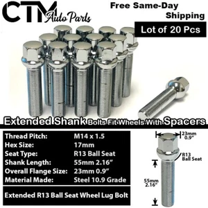 20x Chrome 14x1.5 Ball Seat Extend Lug Bolts 55mm Shank Fit 25mm-30mm Spacer Rim - Picture 1 of 5