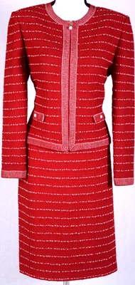 ST.JOHN Women's Knit Tweed Red White Stripped Pearl Zip Jacket Skirt Sz 10 - Image 1 of 4