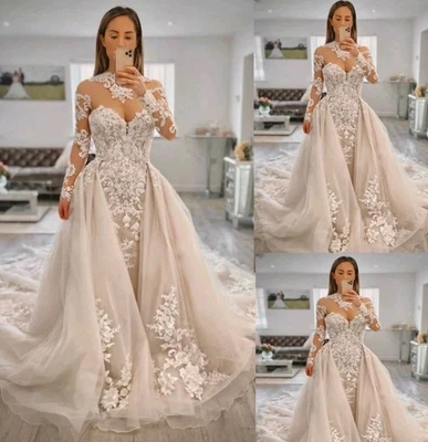Elegant Mermaid Wedding Dresses High Neck With Detachable Skirts Bridal Gowns - Image 1 of 2