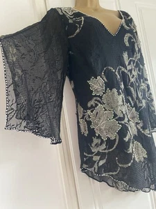 Vtg Look Claudia Stevens Beaded Sequin Silk Mix Top Size 16 Does 20s Cruise Boho - Picture 1 of 11