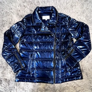 Hilary Radley Katherine Barclay Navy Metallic Quilted Puffer Jacket Womens L - Picture 1 of 11