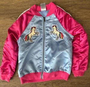 365 Kids by Garanimals Girls Pink Blue Unicorns Satin Zip Bomber Jacket Size 7 - Picture 1 of 4