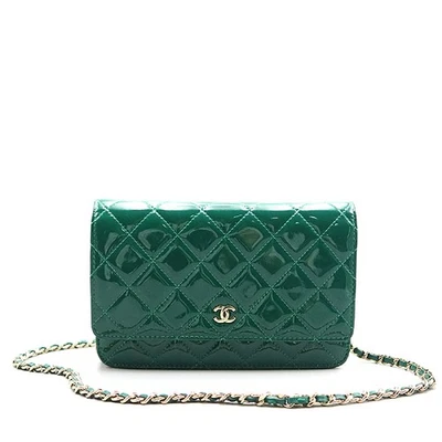 Chanel A33814 green pendant leather WOC wallet on chain metal gold logo chain cr - Image 1 of 4