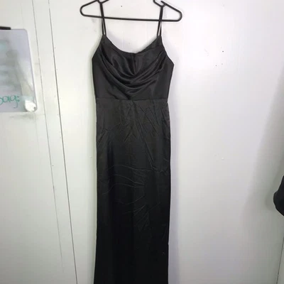 Black Wedding Dress Womens 6 Lace Up Back Silky Satin Cowl Neck Minimalist Goth - Image 1 of 4