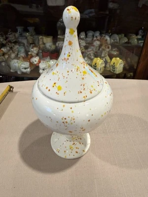 Tarro de cerámica vintage multicolor con tapa de lágrima moteada baratija caramelo Foto 1 de 4