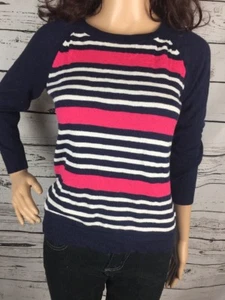 Merona Raglan Sweater Small Navy Blue Pink White Horizontal Striped Thin Knit - Picture 1 of 11