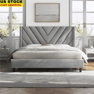Tufted Upholstered Platform Bed Frame Queen Size No Box Spring Required New - Picture 1 of 9