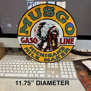 MINT VINTAGE MUSGO GASOLINE MICHIGAN'S MILE MAKER 11.75" PORCELAIN METAL SIGN - Picture 1 of 2