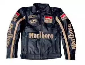 Men's Marlboro Leather Jacket Motorcycle Racing rare Black Biker Vintage Jacket - Picture 1 of 8