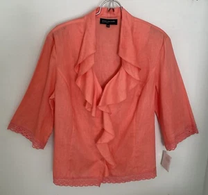 NWT Jones New York Women’s L 100% Linen Coral Button Up Ruffled Blouse 3/4 Slvs - Picture 1 of 9