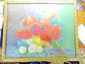 ELABORATELY PATTERNED GESSO FRAME RED FLOWERS PRINT Signed MAX STRECHENBACK - Picture 1 of 5
