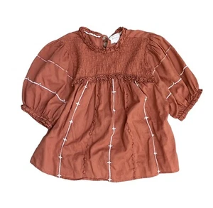 Bohme Blouse Women's XS Orange Rust Puff Sleeve Cotton Tassel Embroidery - Picture 1 of 3