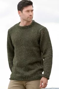Men’s Sweater 100% Donegal Wool Forest Green Ireland Knitwear Irish Gift - Picture 1 of 2