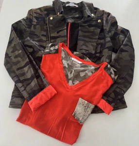 NYGARD CAMO MISSY METALLIC WOMEN'S MOTORCYCLE COTTON JACKET + TOP bundle SZ M - Picture 1 of 20