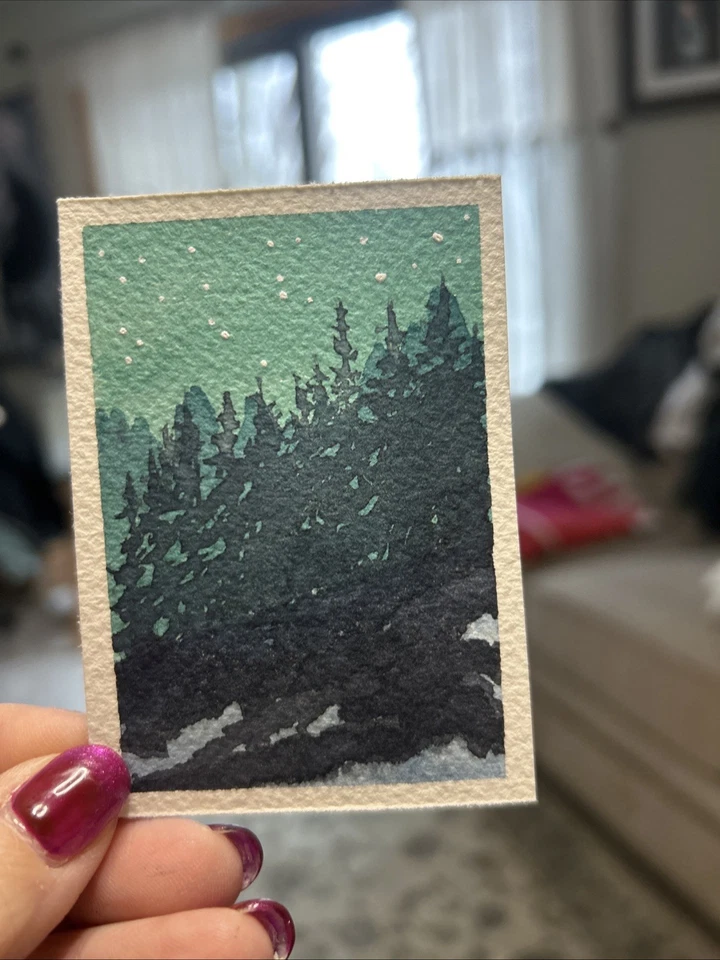 ACEO Original Watercolor Painting Nature Landscape Northern Lights Signed Art - Image 1 of 1