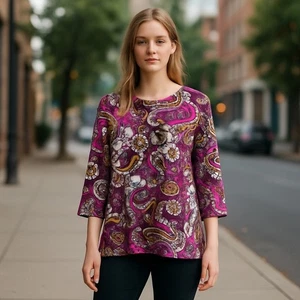d & co. Floral Paisley Print Top Purple Gold White 3/4 Sleeve Blouse L - Picture 1 of 8