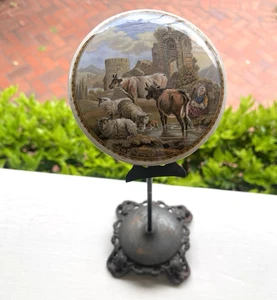 Antique Polychrome Prattware Pot Lid Pastoral Scene Cows Sheep Maidenbrook Ruins - Picture 1 of 11