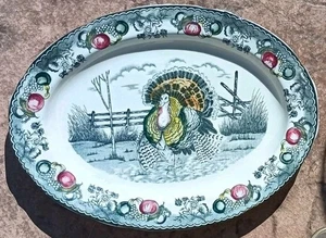 Vtg Transferware Holiday Turkey Platter ~20"w Thanksgiving XtraLarge Early 1900s - Picture 1 of 13