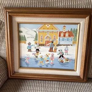 Original Canvas Oil Painting Signed By Artist Geneper Bears Skate 9 X 11 Framed - Bild 1 von 8