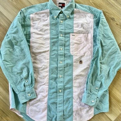 复古 Tommy Hilfiger 牛津衬衫纽扣 90 年代粉彩色块蓝绿色 M — 第 1/4 张图片