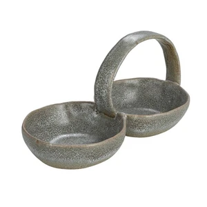 Stoneware Double Bowl with Handle, Grey - Picture 1 of 9