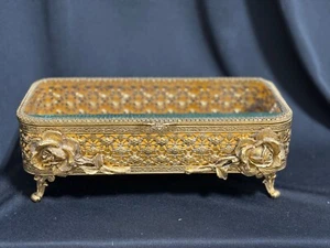 Jewelry Casket Vintage Gold Tone Filigree Ormolu Footed Box Beveled Glass (CT) - Picture 1 of 8