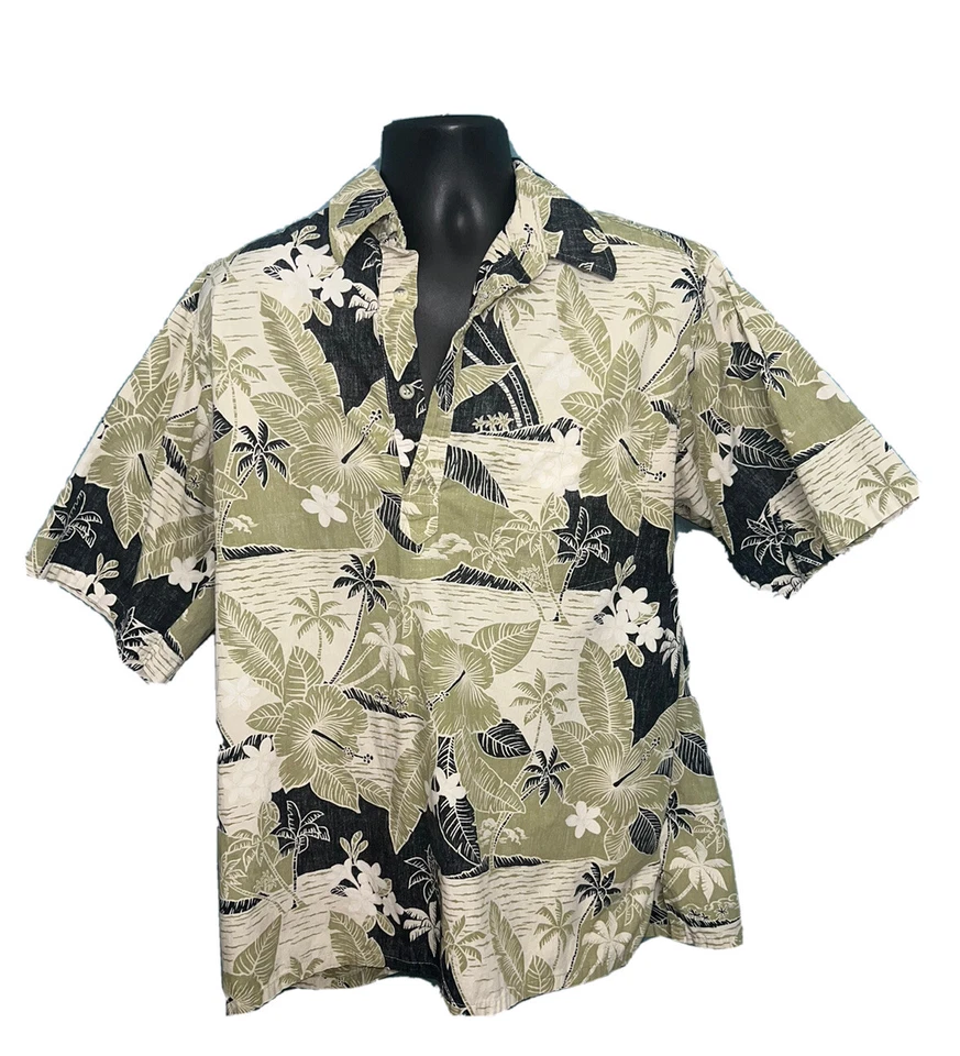 Camisa Hawaiana Floral Descalza en el Paraíso Hombres Grande Campamento 1/4 Botón Verde De Colección Foto 1 de 4