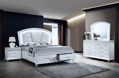 NEW 4PC Modern LED Queen King Bed Set Pearl White Contemporary Furniture B/D/M/N - Image 1 of 4