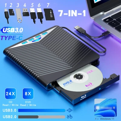 Unidad externa de CD DVD RW 7 en 1 USB 3.0 grabadora grabadora reproductor negro para computadora portátil PC Foto 1 de 4