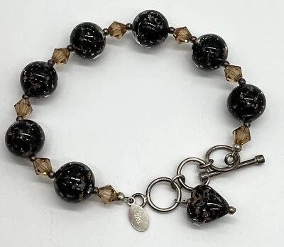 LUCKY CLOVER Sterling Silver Bracelet 8.25 Murano Art Glass Designs Large Beads - Image 1 of 4