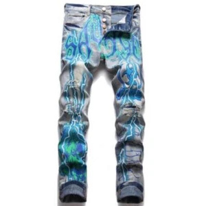 Pantalones de mezclilla para hombre azules estampados punk rasgados pantalones de mezclilla informales - Imagen 1 de 16
